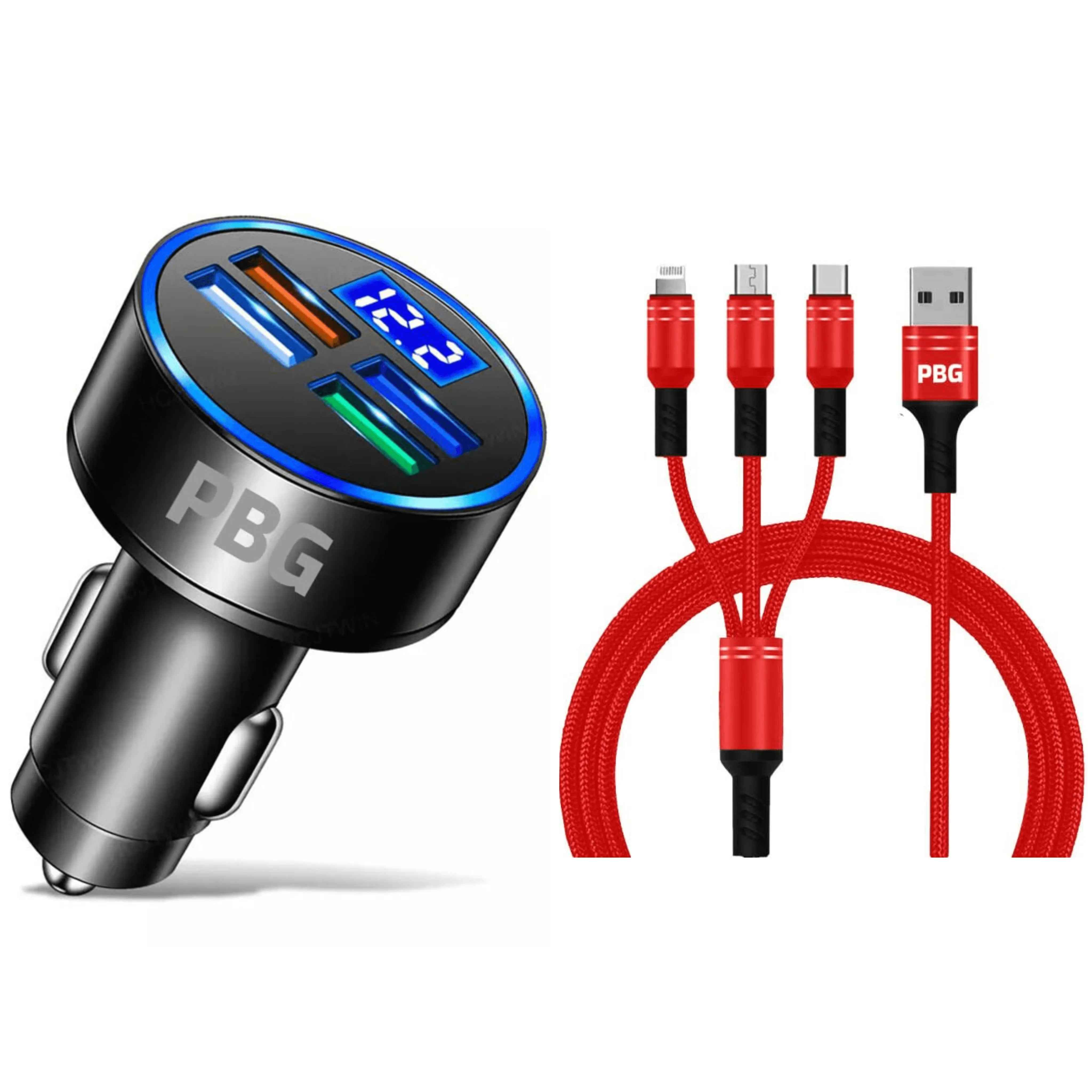 PBG LED 4 Port Car Charger Voltage Display and 3 in 1 Cable Bundle