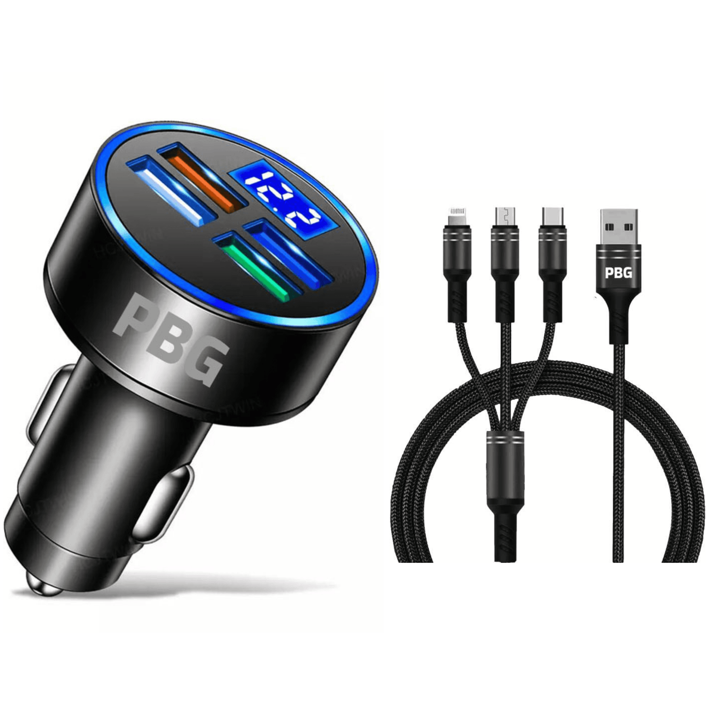PBG LED 4 Port Car Charger Voltage Display and 3 in 1 Cable Bundle - PremiumBrandGoods