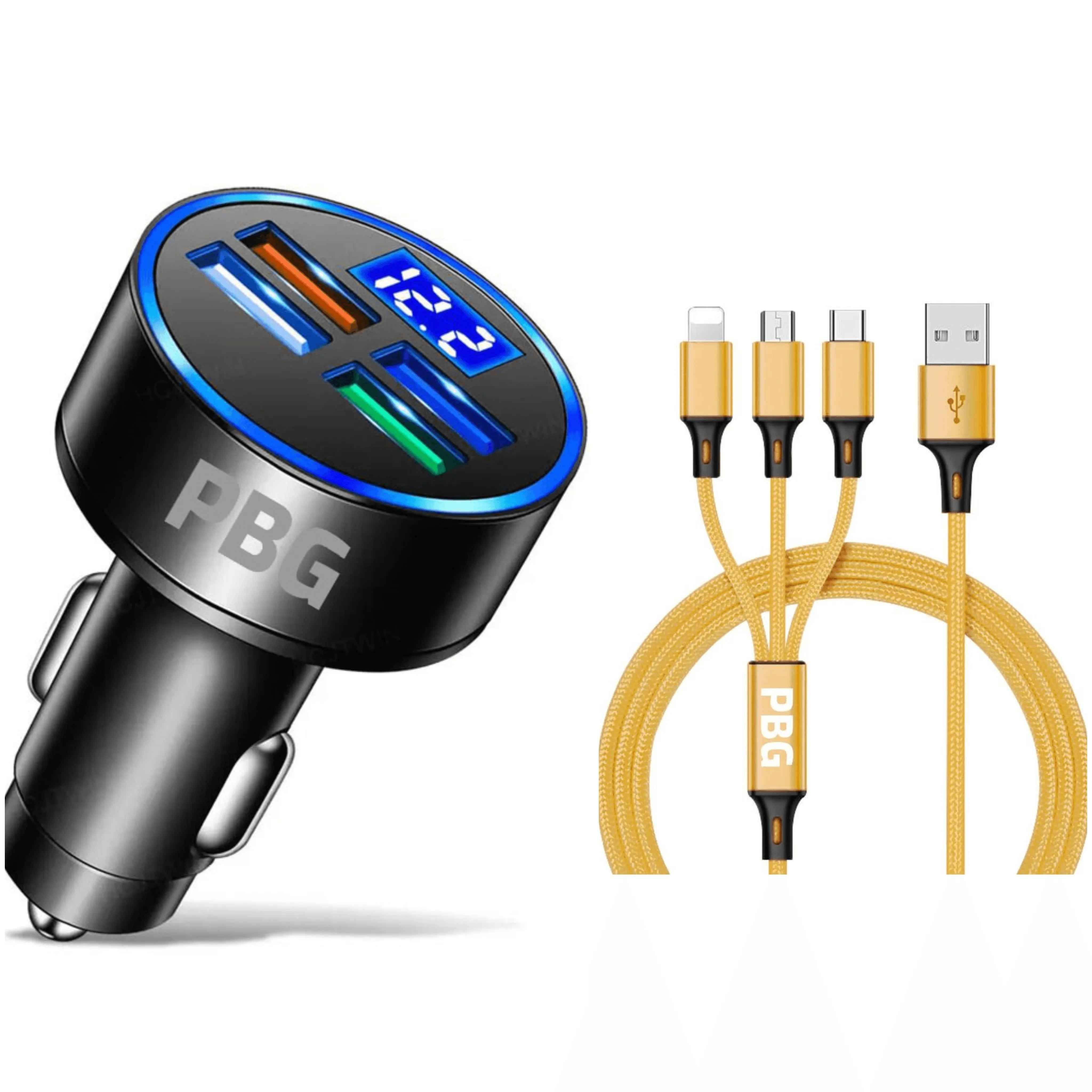 PBG LED 4 Port Car Charger Voltage Display and 3 in 1 Cable Bundle