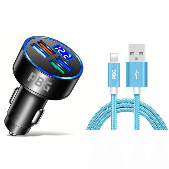 Blue iPhone Cable for Fast charger with 4 port LED voltage display car charger