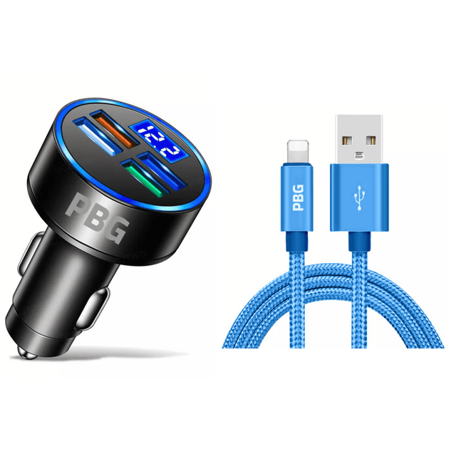 Blue iPhone fast charger cable with 4-Port LED Car USB Charger