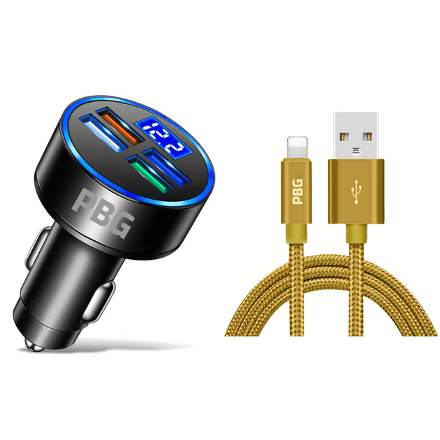 Best iPhone fast charging cable gold, 10ft with 4-Port LED Car Charger 