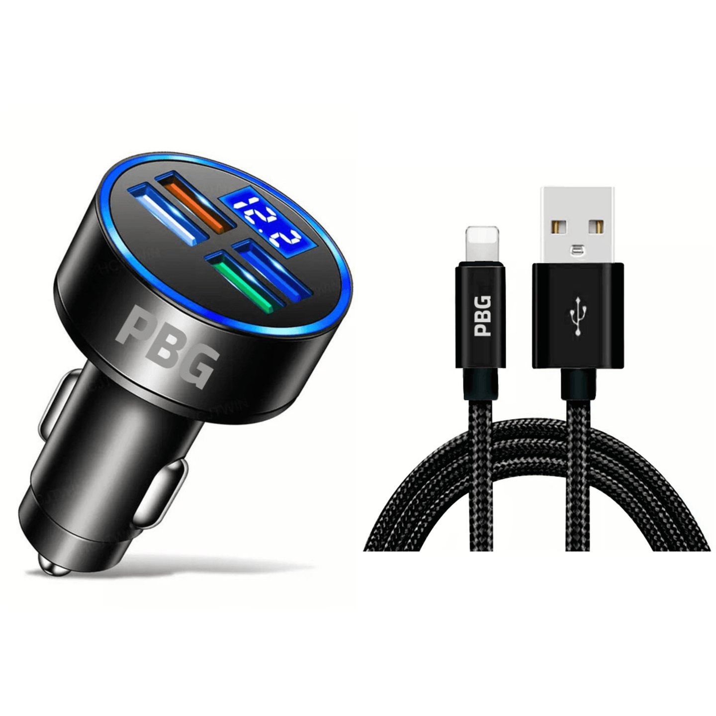 PBG LED 4 Port Car Charger With LED Voltage Display and 10FT XL Compatible Iphone Cable - PremiumBrandGoods