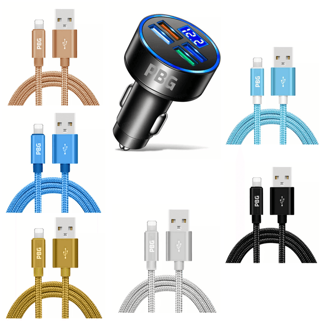 LED Car Charger with Voltage Display & 10FT iPhone Cable
