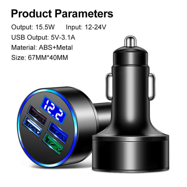 High Quality LED Car Charger with Voltage Display 4 port