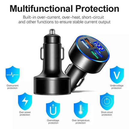 PBG 4-Port USB Car Charger with LED Voltage Display - Universal & Fast