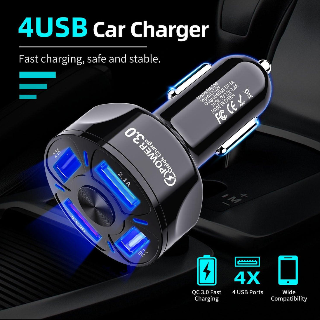 PBG LED 4 Port Rapid Car Charger - Charges 4 Devices at once! - PremiumBrandGoods