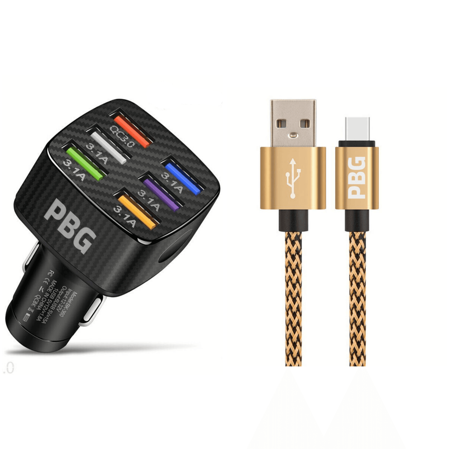 PBG LED 6 Port Car Charger and 10FT XL Zebra Charger Compatible for Iphone Cable Combo - PremiumBrandGoods