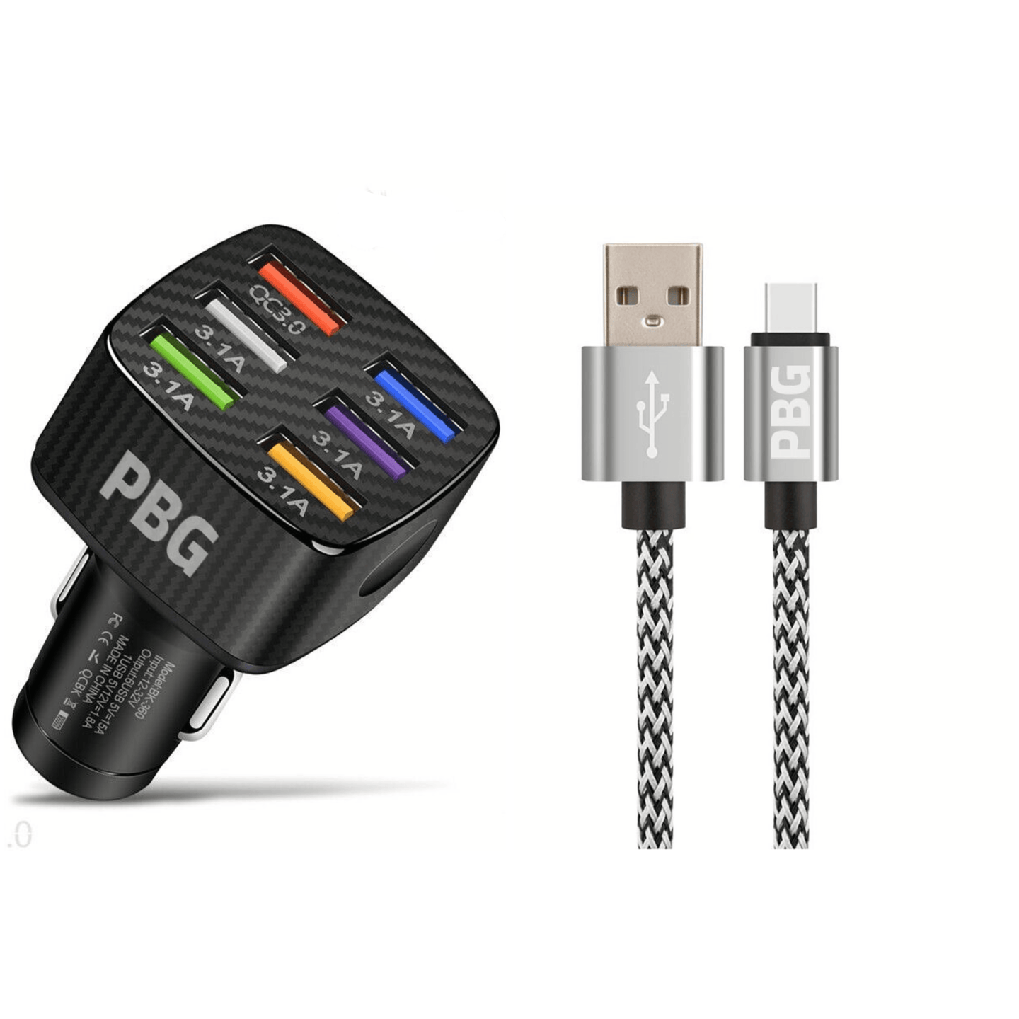 PBG LED 6 Port Car Charger and 10FT XL Zebra Charger Compatible for Iphone Cable Combo - PremiumBrandGoods
