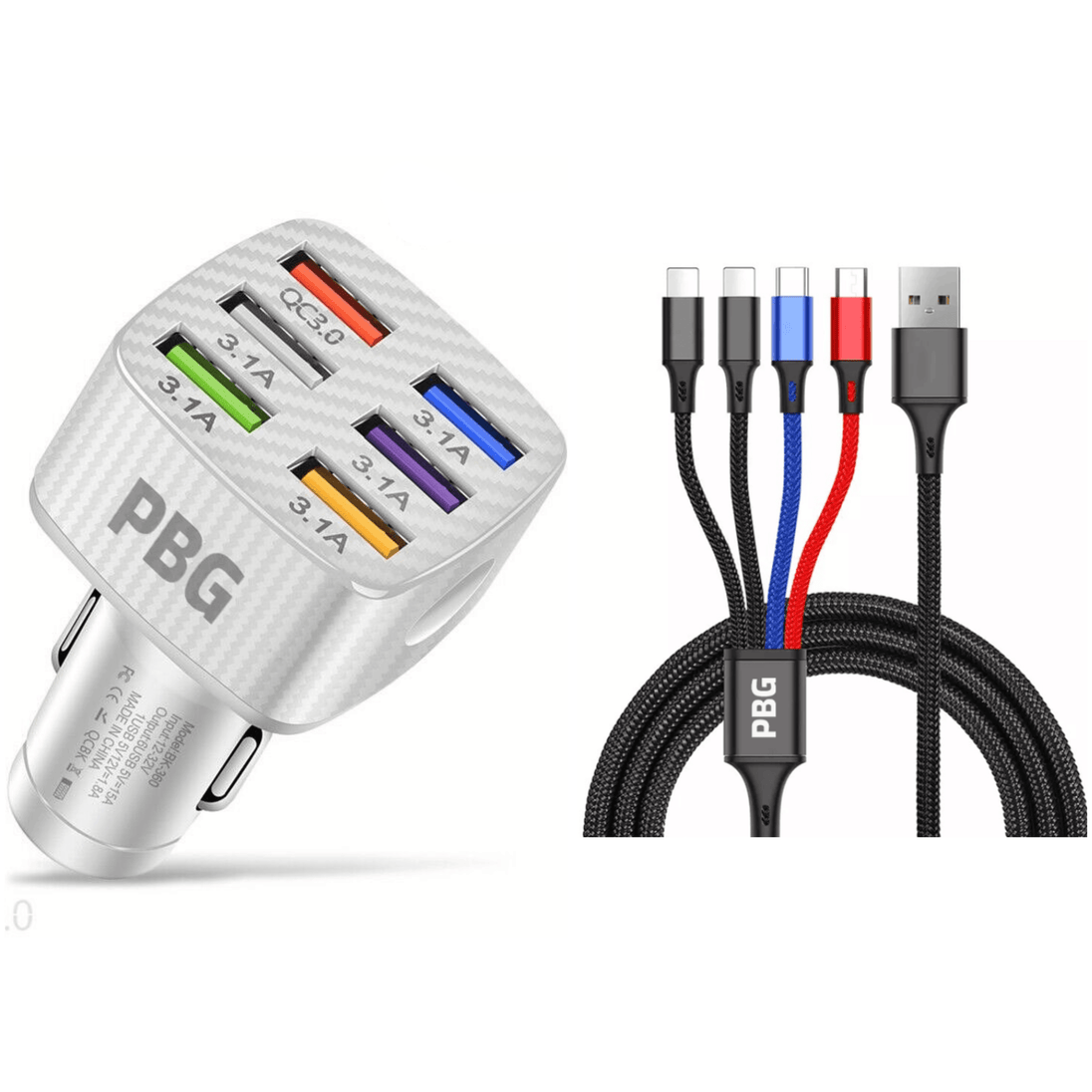 PBG LED 6 Port Car Charger and 4 in 1 Nylon Charging Cable Bundle - PremiumBrandGoods