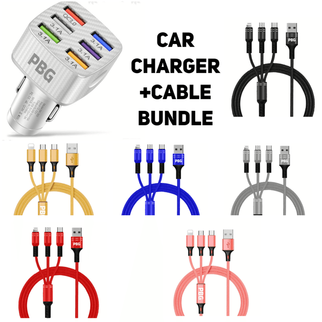 High Quality Car charger with 3 in 1 fast charging cable for iPhone and Android Multicolor