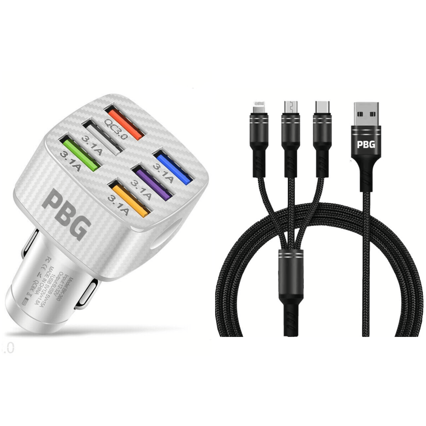 Black 4ft charging wire for iPhone and Android device with car charger 3.1 6 ports
