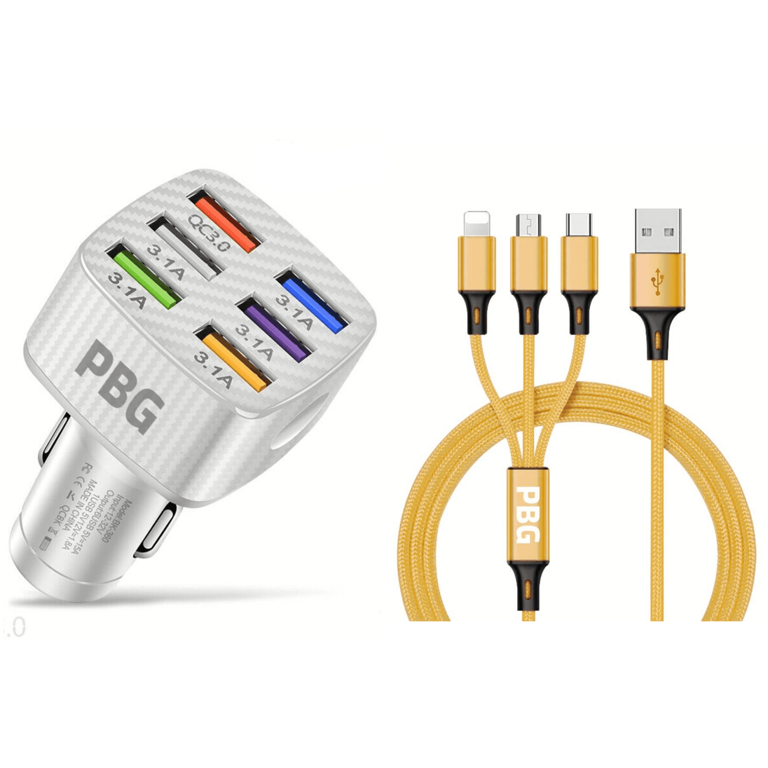 4ft 3-in-1 charging cable with LED 6-Port Car Charger