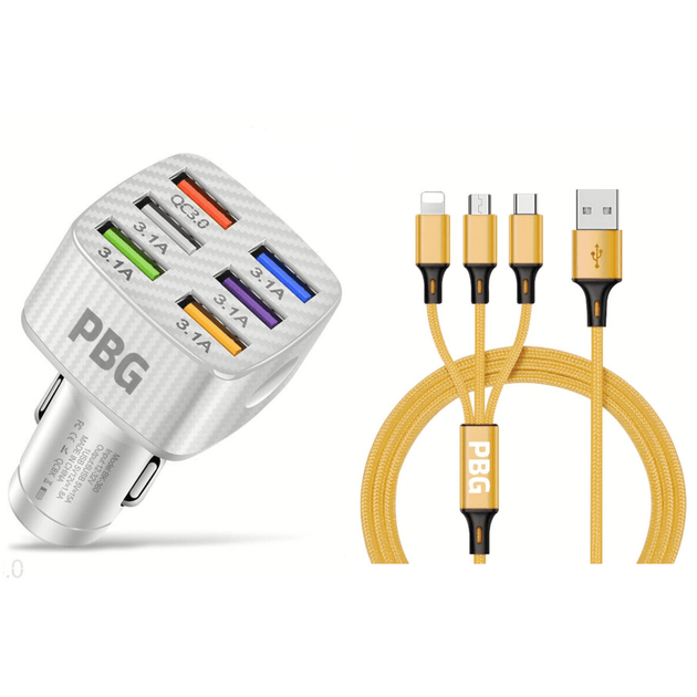4ft 3-in-1 charging cable with LED 6-Port Car Charger