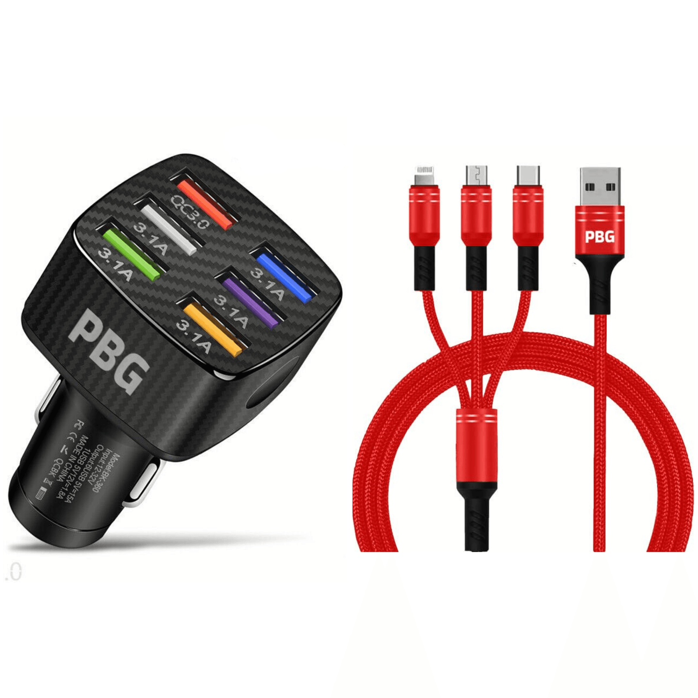 PBG LED 6 Port Car Charger and 4FT- 3 In 1 Cable Combo! - PremiumBrandGoods