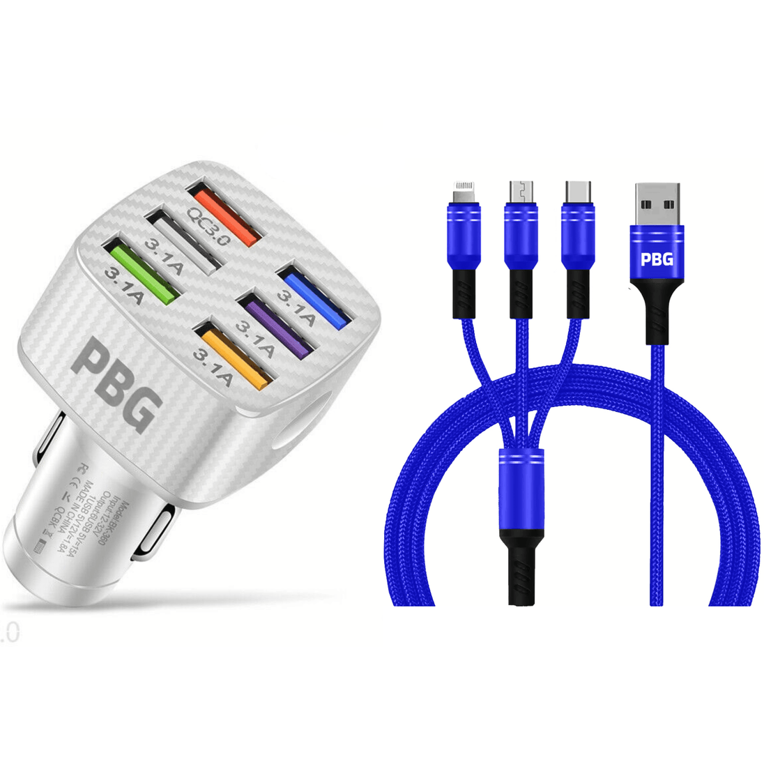 Blue iPhone cable, Android cable, Micro Usb charging cable 3 in 1  with 6 port Led car charger 4ft