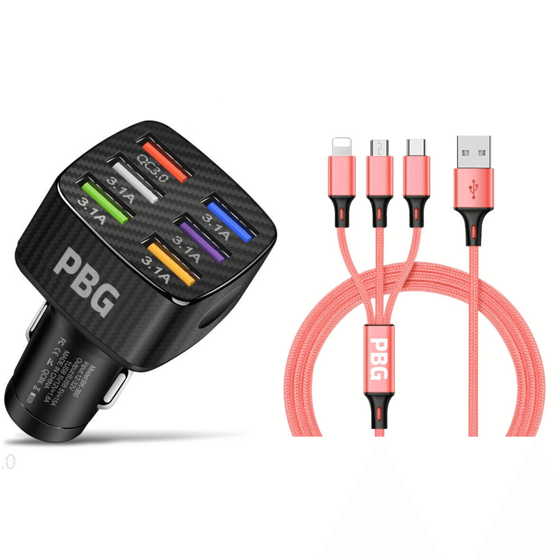 PBG LED 6 Port Car Charger and 4FT- 3 In 1 Cable Combo! - PremiumBrandGoods