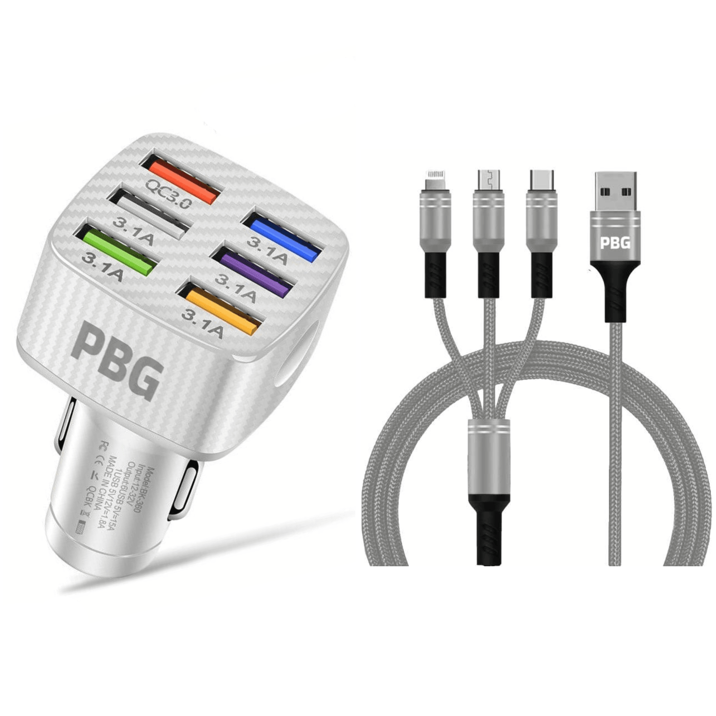 Silver charging cable 3-in-1 with durable car charger 6 port USB ports