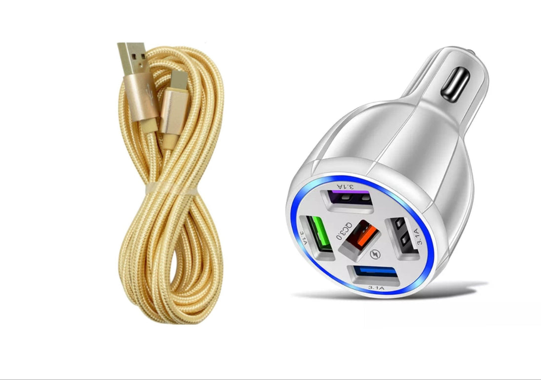 10 ft iPhone Cable with White 5 port USB Car charger+adapter