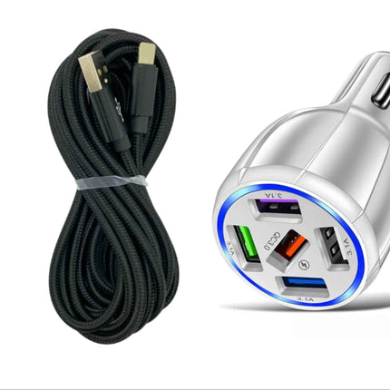 White 5-Port USB Fast Car Charger with LED, 10FT iPhone Cable - Quick Charge 3.0