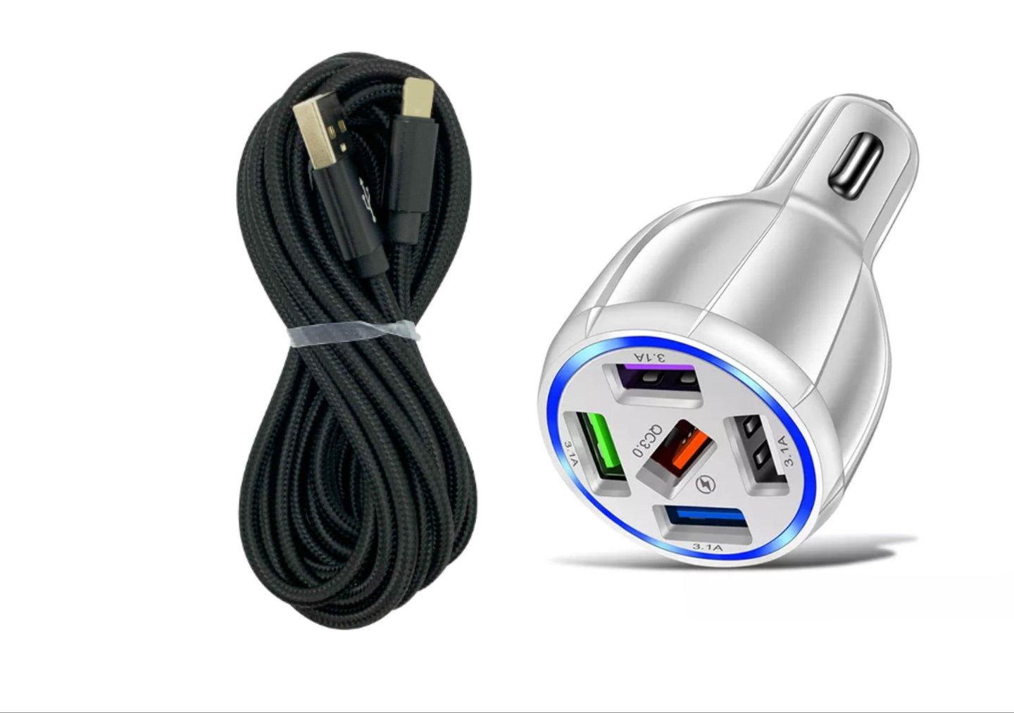 Black iPhone charging cable 10ft with White 5 port led car charger