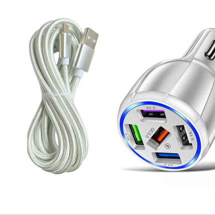 White 5-Port USB Fast Car Charger with LED, 10FT iPhone Cable - Quick Charge 3.0