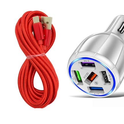 White 5-Port USB Fast Car Charger with LED, 10FT iPhone Cable - Quick Charge 3.0