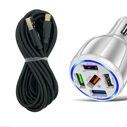 White 5-Port USB Fast Car Charger with LED, 10FT iPhone Cable - Quick Charge 3.0
