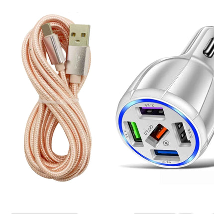 White 5-Port USB Fast Car Charger with LED, 10FT iPhone Cable - Quick Charge 3.0