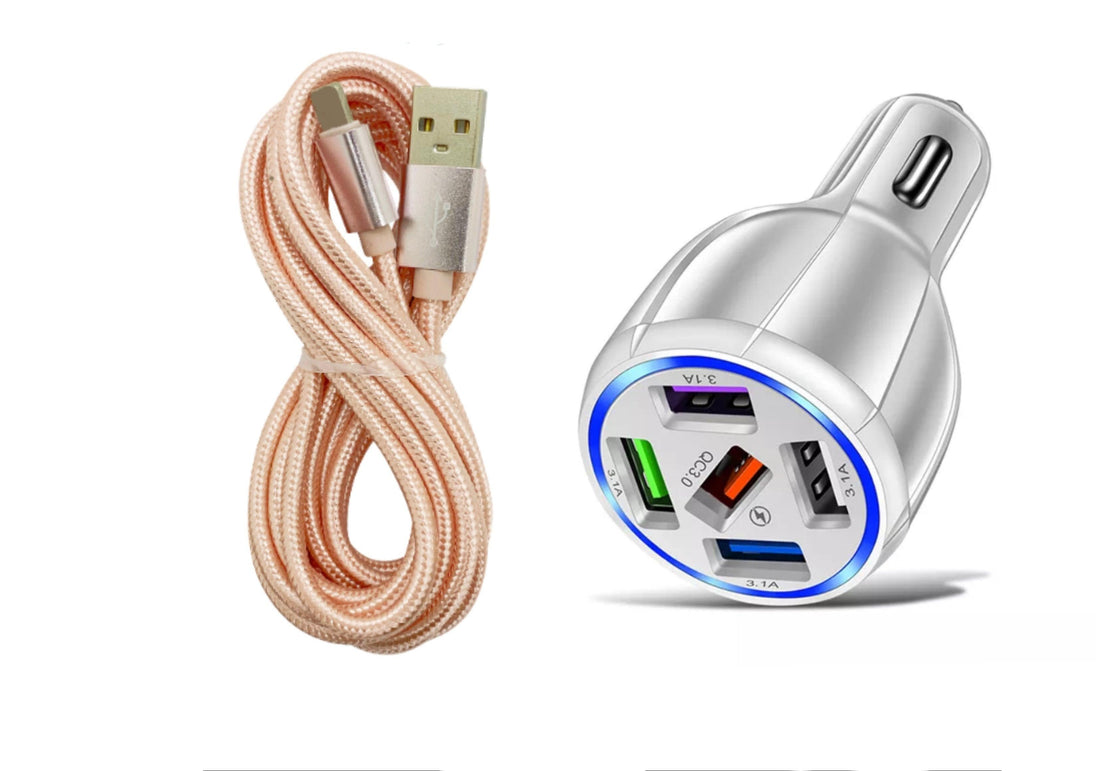 Pink iPhone charging cable with White 5 port LED car charger+adapter