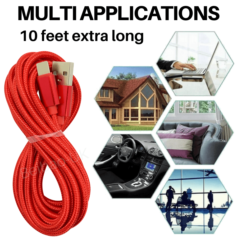 10 foor extra long iPhone charging cable in red color