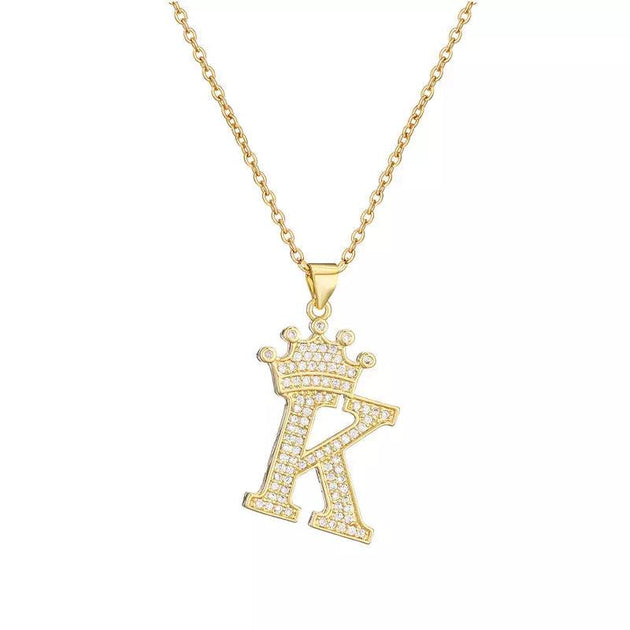 Stainless Steel A-Z Letters Necklace for Men and Women, Gold Overlay Hip Hop Crown Necklaces with Name Chain 22-24", Color Silver - PremiumBrandGoods