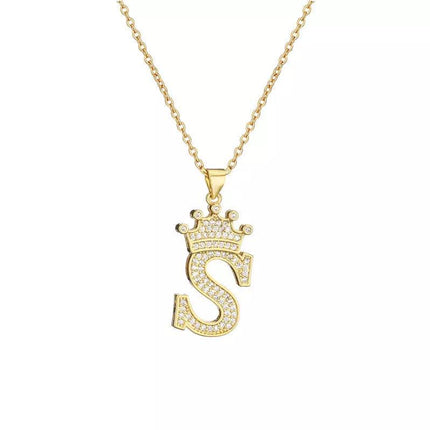 Stainless Steel A-Z Letters Necklace for Men and Women, Gold Overlay Hip Hop Crown Necklaces with Name Chain 22-24", Color Silver - PremiumBrandGoods