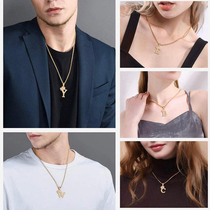 Stainless Steel A-Z Letters Necklace for Men and Women, Gold Overlay Hip Hop Crown Necklaces with Name Chain 22-24", Color Silver - PremiumBrandGoods