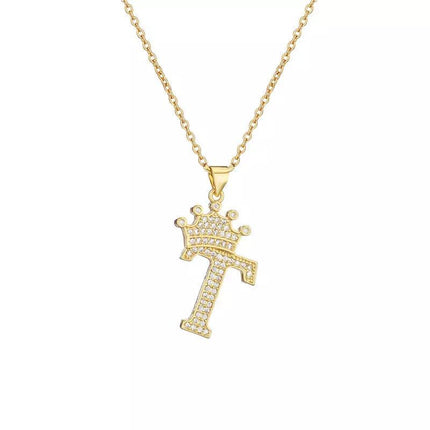 Stainless Steel A-Z Letters Necklace for Men and Women, Gold Overlay Hip Hop Crown Necklaces with Name Chain 22-24", Color Silver - PremiumBrandGoods
