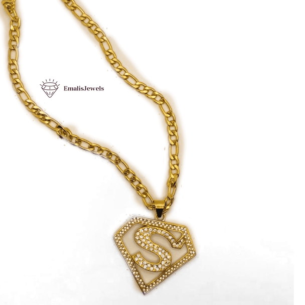 Stainless Steel Chain Necklace and Stainless Steel Gold Overlay Super Hero S Pendant - PremiumBrandGoods