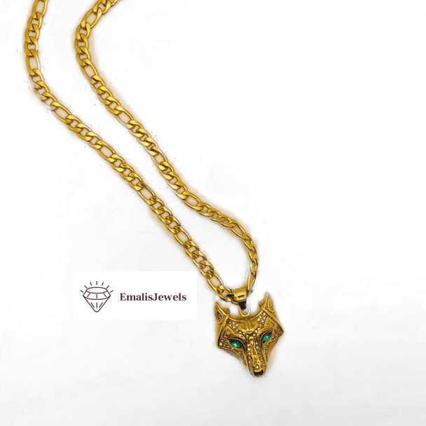 Stainless Steel Chain Necklace and Stainless Steel Gold Overlay Wolf Pendant - PremiumBrandGoods