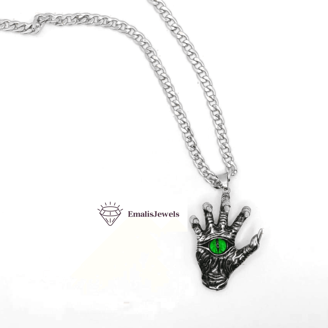 Stainless Steel Chain Necklace and Stainless Steel Hand/Green Eye Pendant - PremiumBrandGoods