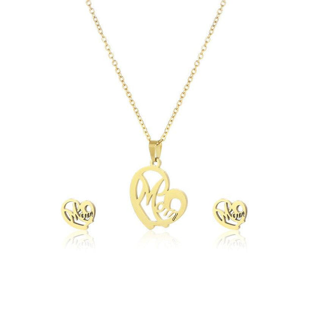 Stainless Steel Heart shaped Mom Necklace and Earrings Set - PremiumBrandGoods