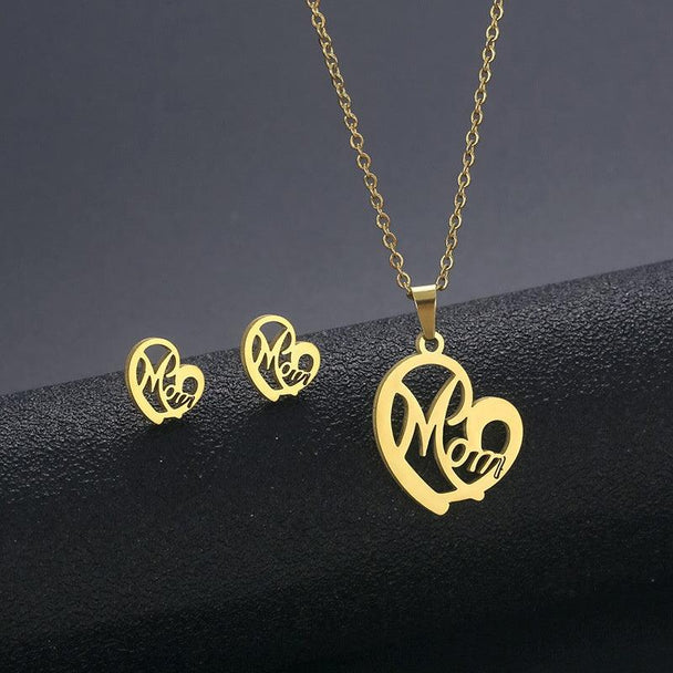 Stainless Steel Heart shaped Mom Necklace and Earrings Set - PremiumBrandGoods