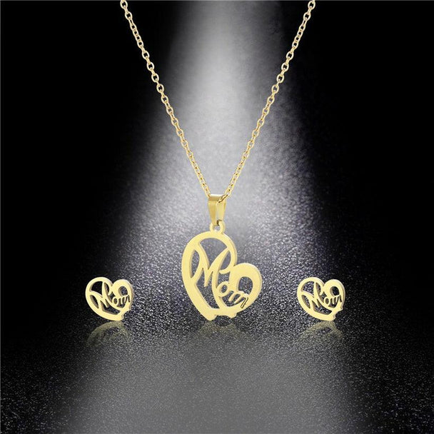 Stainless Steel Heart shaped Mom Necklace and Earrings Set - PremiumBrandGoods