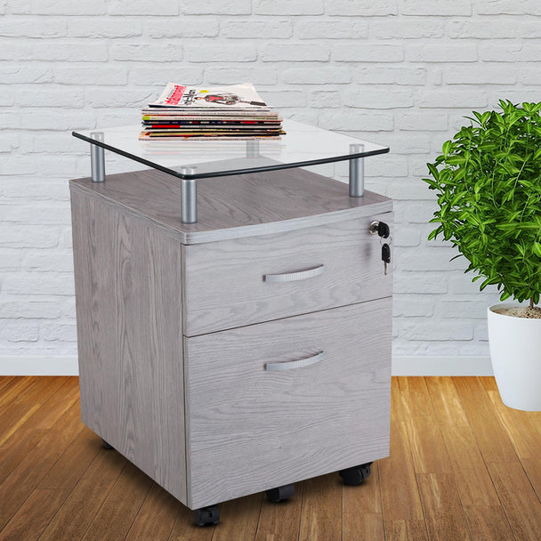 Techni Mobili Rolling File Cabinet with Glass Top, Grey - PremiumBrandGoods