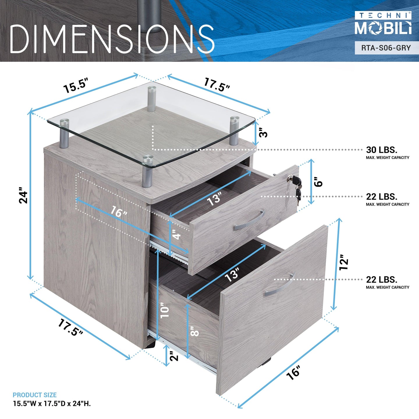 Techni Mobili Rolling File Cabinet with Glass Top, Grey - PremiumBrandGoods