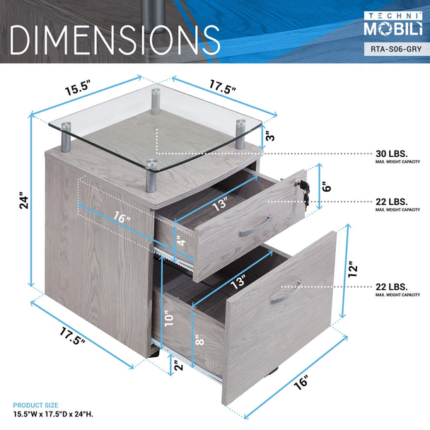 Techni Mobili Rolling File Cabinet with Glass Top, Grey - PremiumBrandGoods