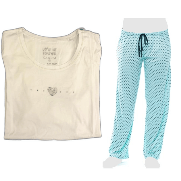 Women's Cozy Pajama Set Blue Polka Dot Pants and Cotton Soft Heart T shirt by Just Love - PremiumBrandGoods