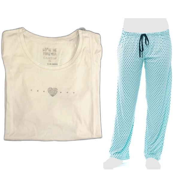 Women's Cozy Pajama Set Blue Polka Dot Pants and Cotton Soft Heart T shirt by Just Love - PremiumBrandGoods