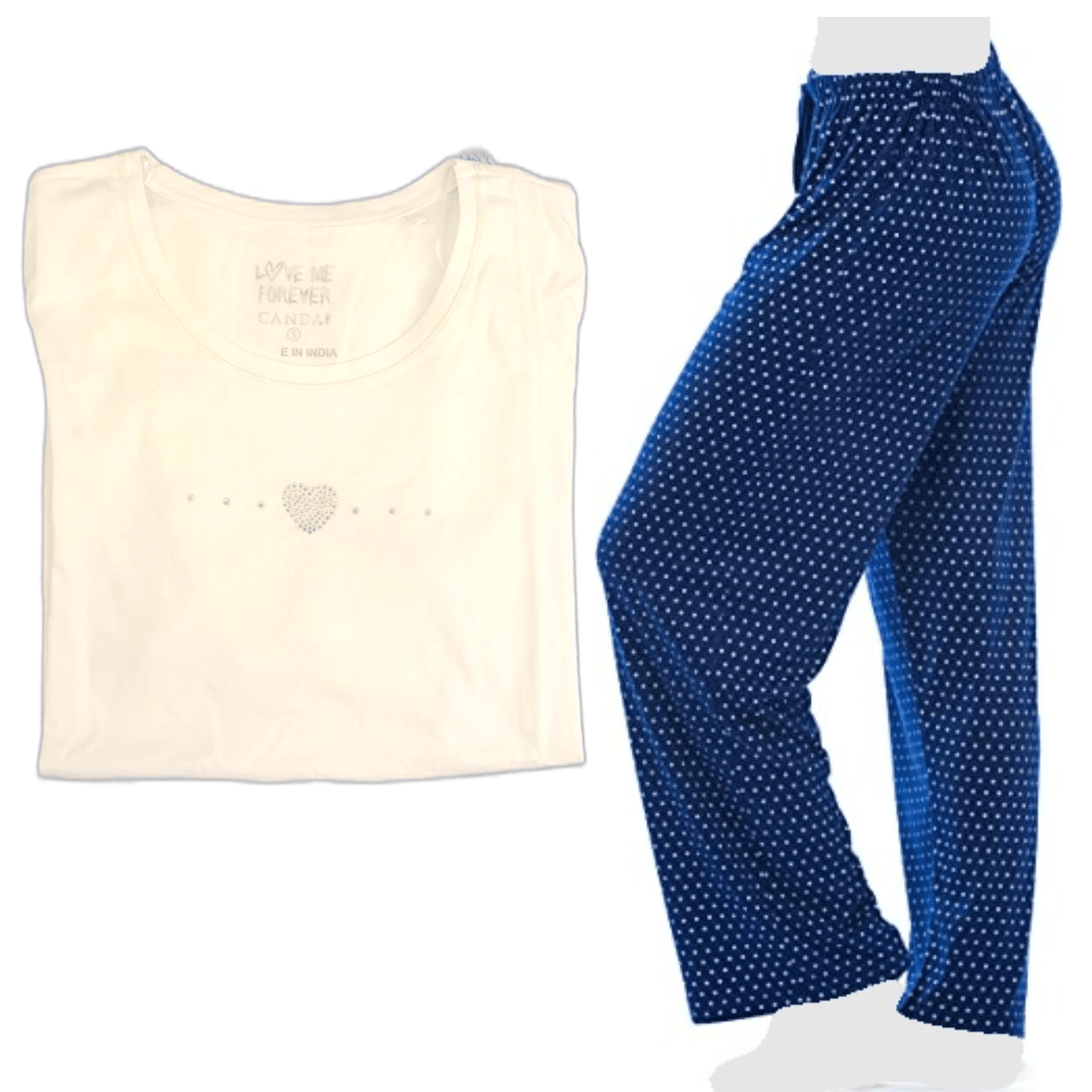 Women's Cozy Pajama Set Blue Polka Dot Pants and Cotton Soft Heart T shirt by Just Love - PremiumBrandGoods