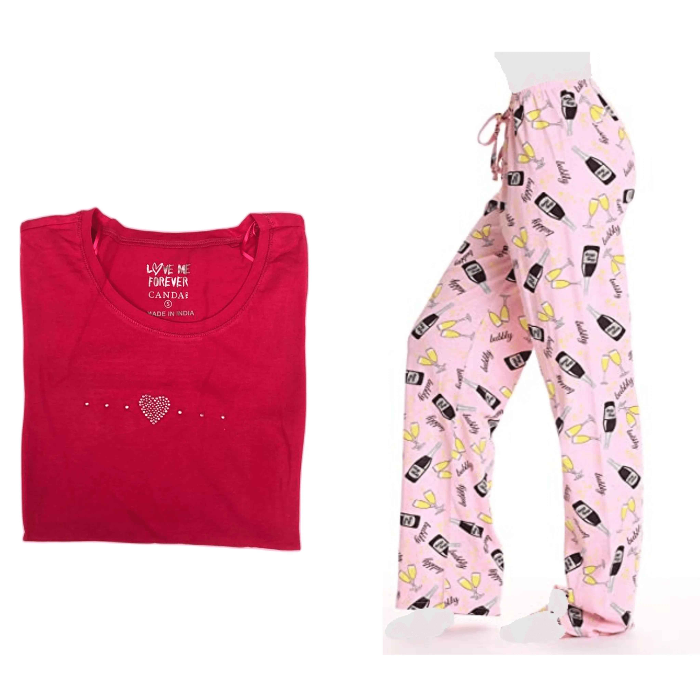 Women s Cozy Pajama Set Champagne Pants and Cotton Soft Heart T shirt