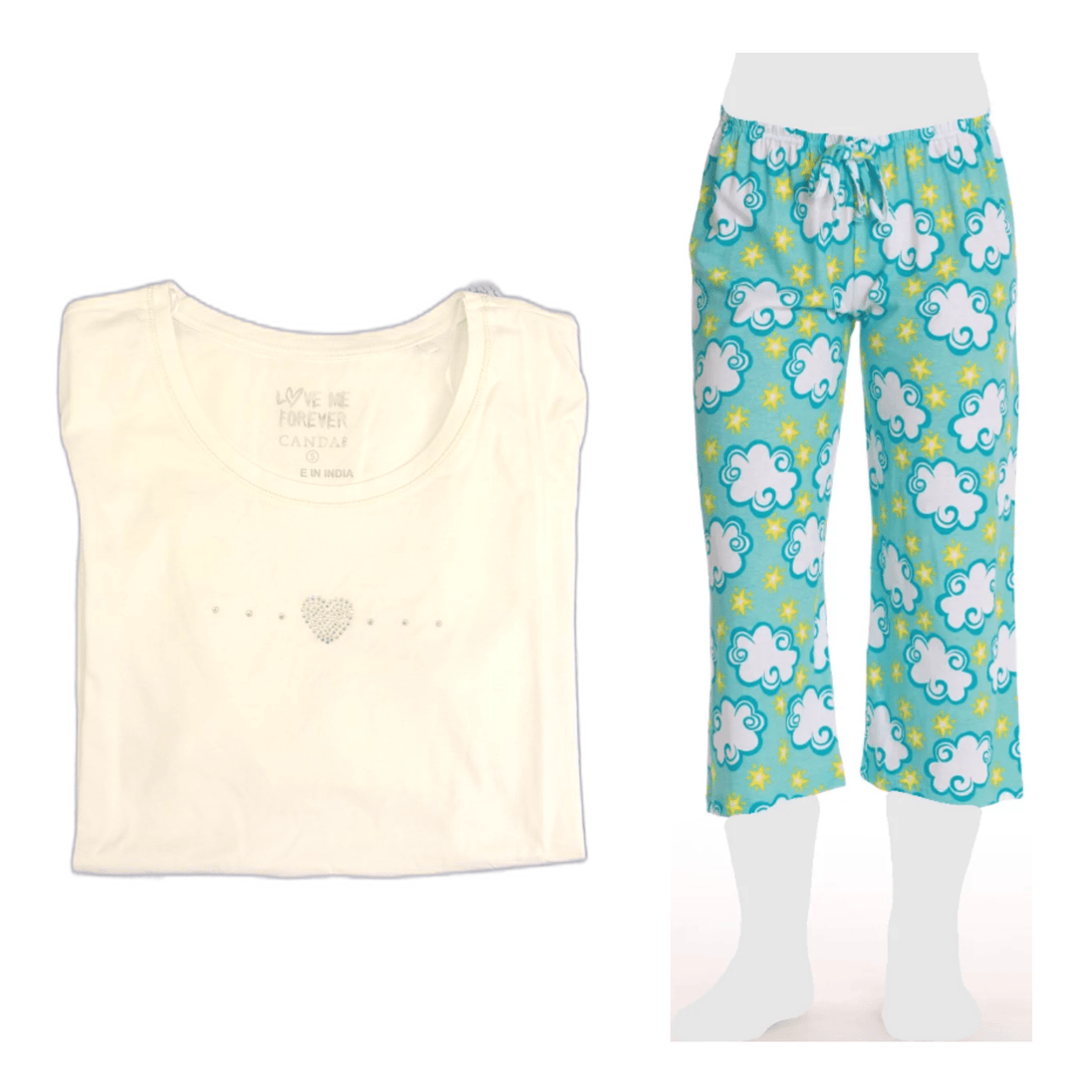 Women's Cozy Pajama Set Clouds Stars Pants and Cotton Soft Heart T shirt by Just Love - PremiumBrandGoods