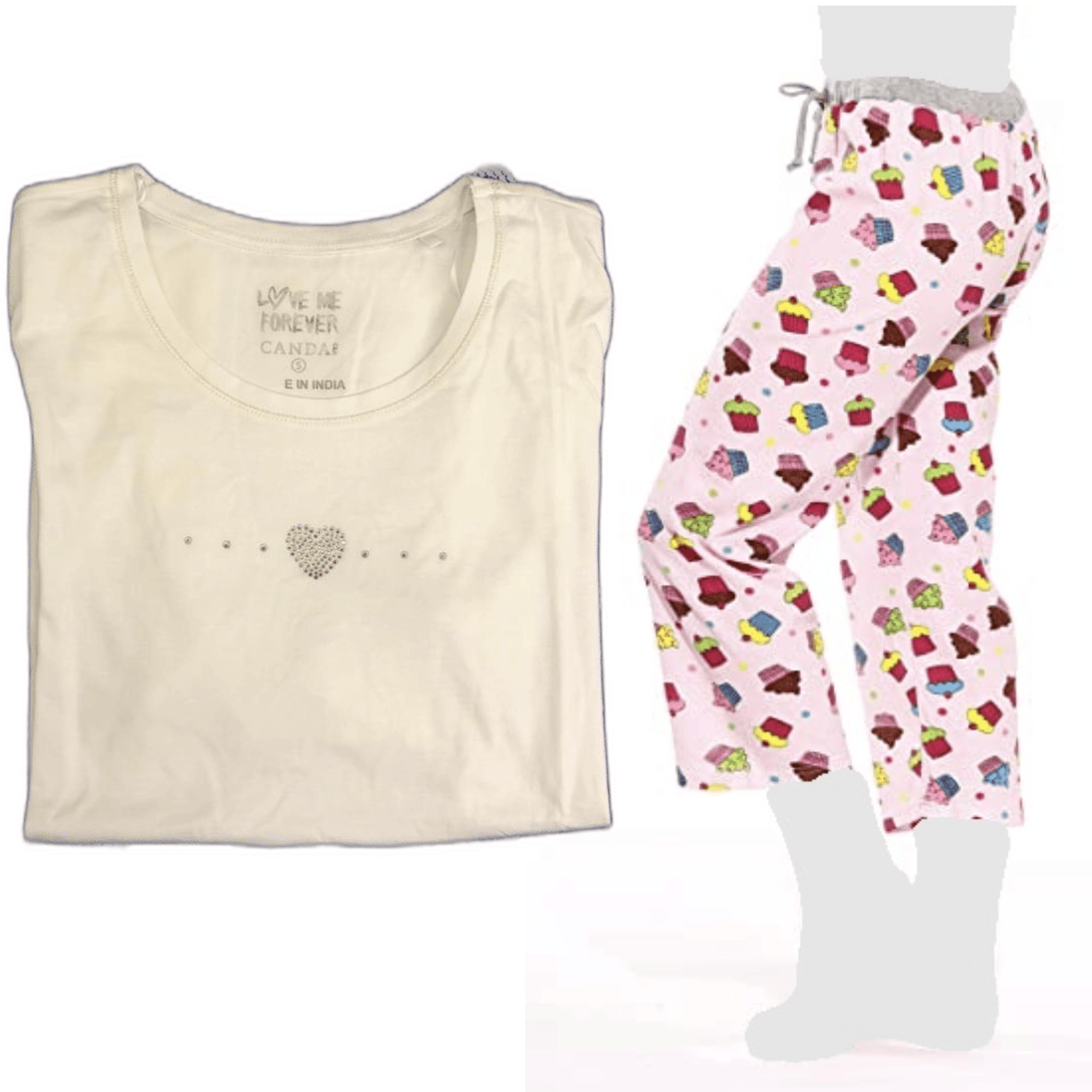 Women's Cozy Pajama Set Cupcake Pants and Soft Cotton Heart T shirt - PremiumBrandGoods